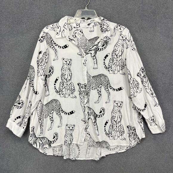 Jane & Delancey Shirt Womens 2X Plus Size Black Cheetah Tiger Print Button Front - Picture 1 of 16